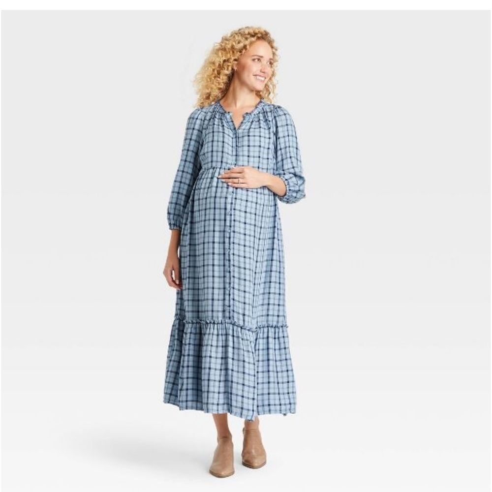 NWT Isabel Maternity 3/4 Sleeve Modern House Maternity Dress, Blue Plaid